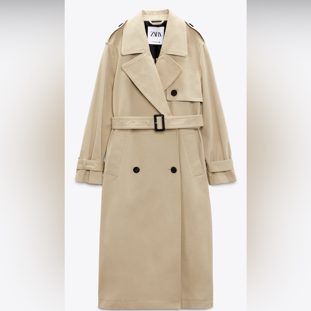 Zara NWT LONG COTTON TRENCH LIGHT CAMEL.